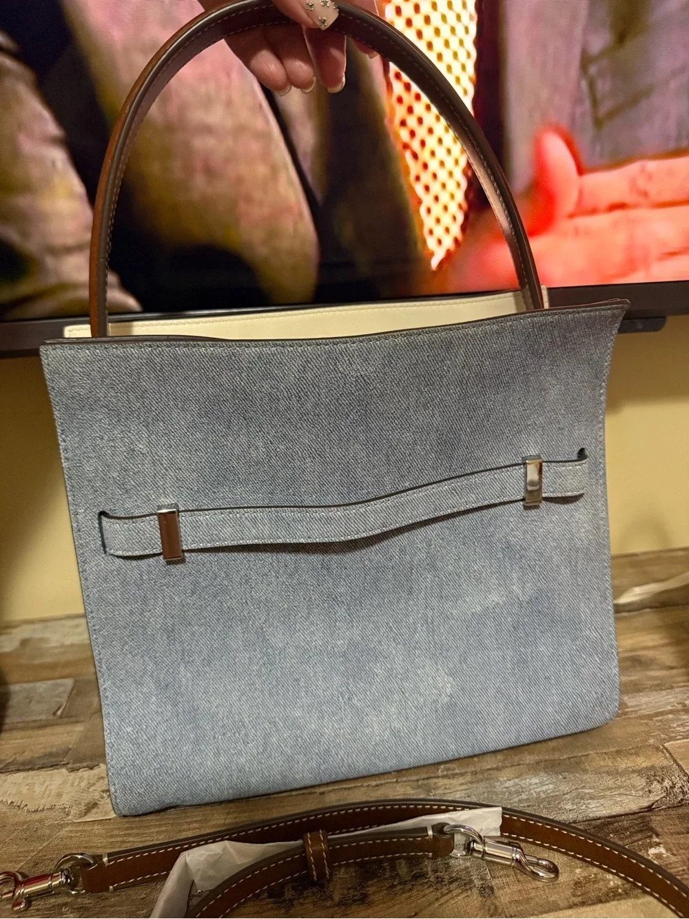 Tory Burch Light Blue Denim Shoulder Bag with Brown Handle